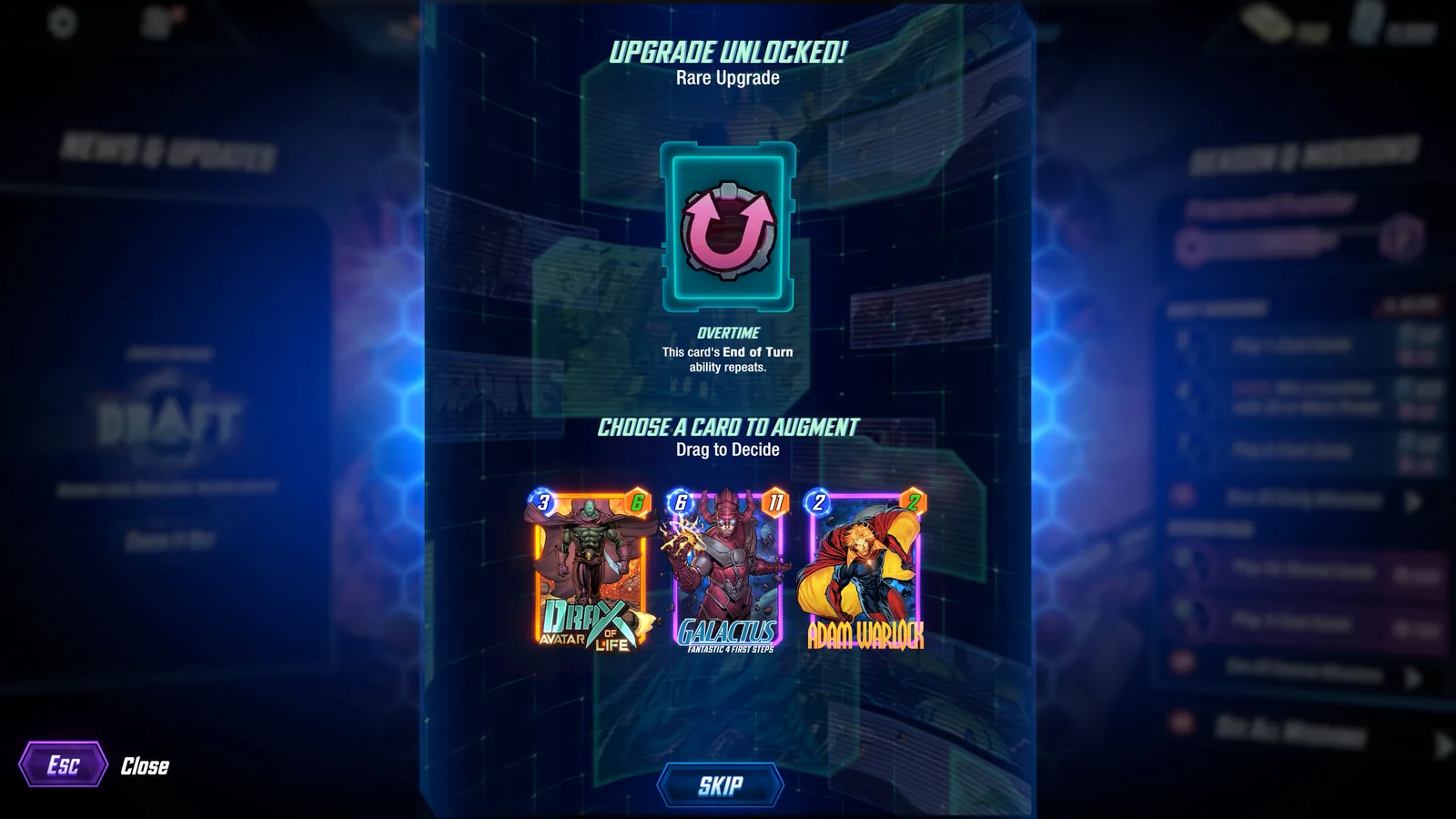 A MARVEL SNAP Draft card receiving an Augment