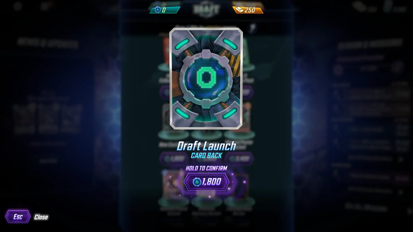 Draft Event Shop purchase screen showing the Draft Launch card back for 1,800 Bits